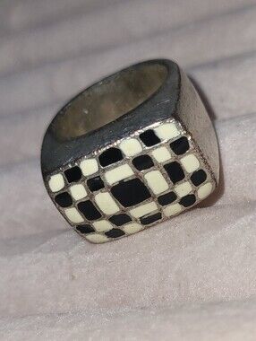 Y2K Chunky Checkered Signet Ring 🏁 Heavy Silver Moto Biker Ring